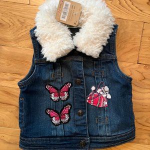 NWT Toddler Girls Blue Jean Vest, 2T, Removable Collar, Patches & Appliques